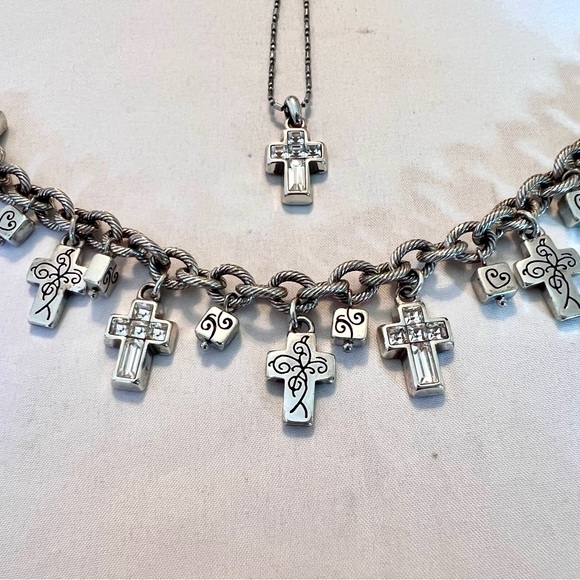 Brighton 2pc. Set Necklace & Bracelet Etched Filagree and Crystal Crosses - Picture 11 of 12